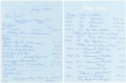 1962 Betty White Handwritten Personal Check Registry and Travel Log - 2 pages (PSA/DNA)